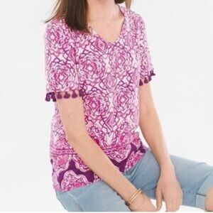 NWT Chico’s Women’s V-neck Tribal Tassel Sleeve Trim Tee Shirt Top Size 2 (Lg)